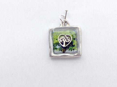 Square Pewter tree & sterling silver tree in heart pendant-resin, trees, nature