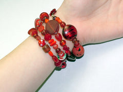 4 Strand Glass lampwork bead, crystal bead Memory Wire Bracelet, Reds
