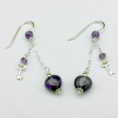 Sterling Silver and Amethyst heart dangle earrings-love, key to my heart, hearts