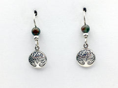 Sterling silver small round tree silhouette dangle earrings-trees, Moss Agate