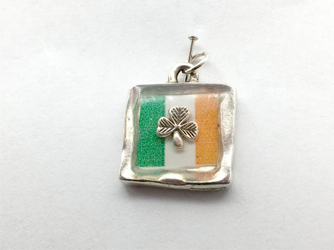Pewter pendant with print of Irish Flag and sterling silver Shamrock- Ireland