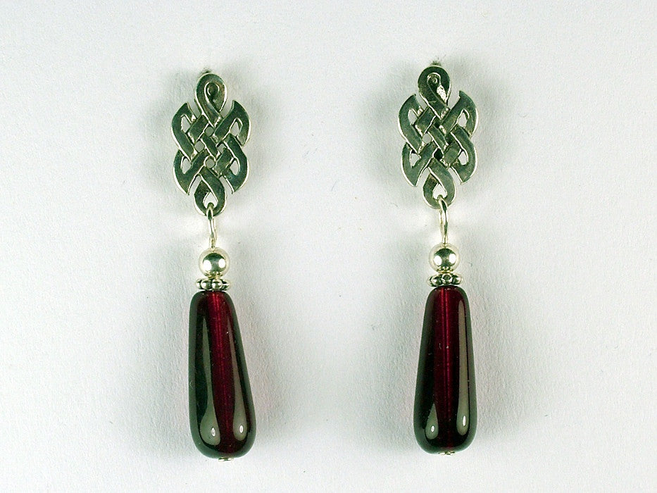 Sterling Silver & surgical steel Celtic knot stud Earrings-burgundy red glass