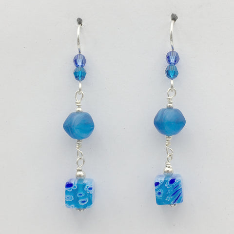 Sterling silver & millefiori capri and aqua glass beads dangle earrings-bright, blue