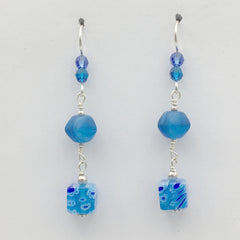 Sterling silver & millefiori capri and aqua glass beads dangle earrings-bright, blue