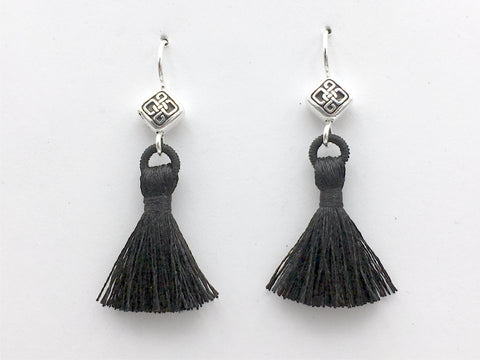 Pewter & Sterling Silver rhombus Celtic knot dangle Earrings-black tassel, knots