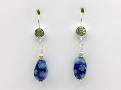 Pewter & Sterling Silver Celtic Round knot dangle earrings- blue & yellow millefiori glass