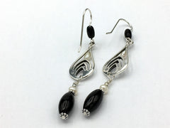 Sterling silver modern Arch dangle earrings-black Obsidian dangle, freshwater pearls, art deco