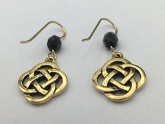 Gold tone Pewter &14k gf Celtic large Round Knot earrings- Black Glass