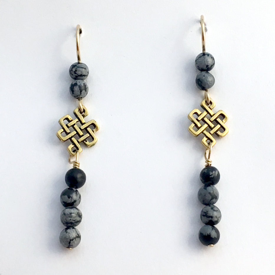 Goldtone Pewter & 14k gf  Endless Celtic Knot Earrings-snowflake obsidian,Tibetan