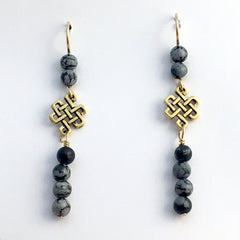 Goldtone Pewter & 14k gf  Endless Celtic Knot Earrings-snowflake obsidian,Tibetan