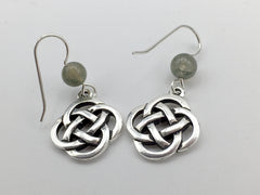 Pewter & Sterling Silver large Round Celtic Knot dangle Earrings-moss agate