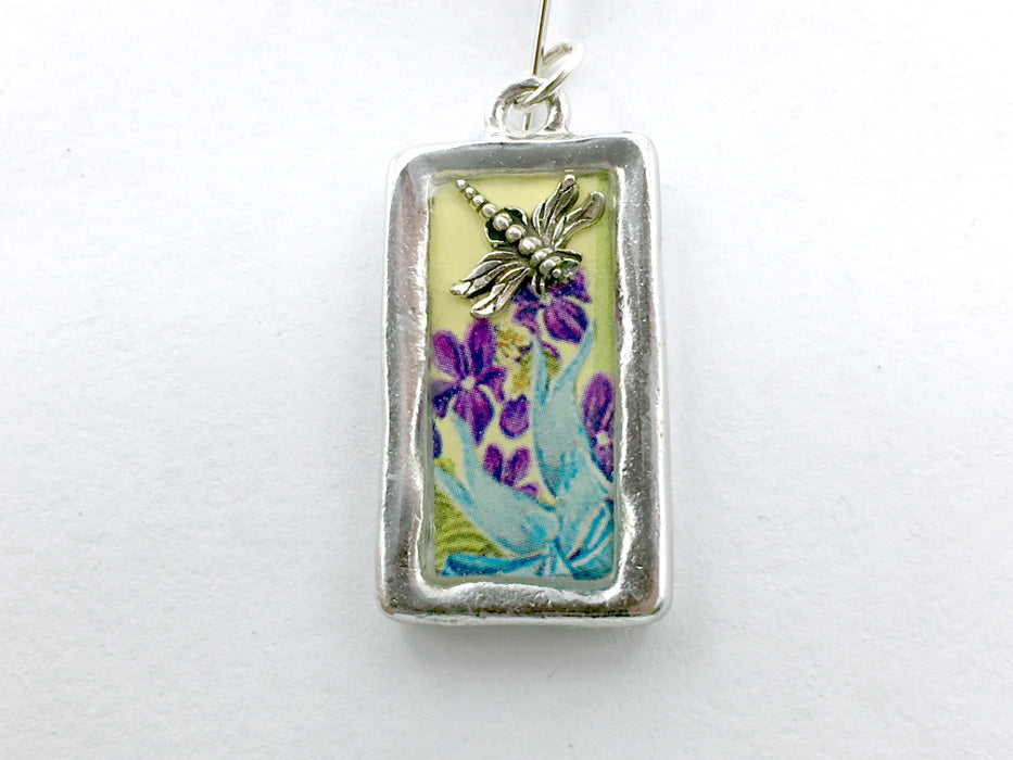 Pewter frame, sterling silver dragonfly pendant-resin, purple flowers