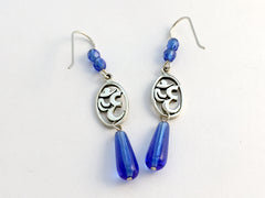 Sterling silver oval om symbol dangle earrings-blue, omkara, aum, Hindu, mantra