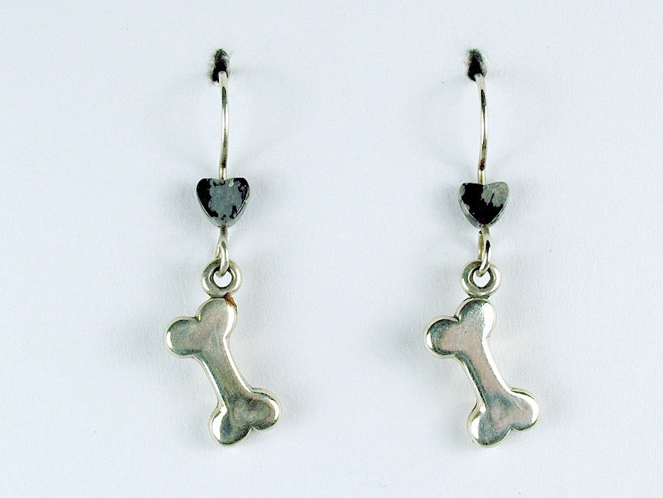 Sterling silver small dog bone dangle earrings-dogs-snowflake obsidian, bones,