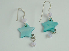 Sterling Silver tiny man in moon & star dangle earrings,celestial, crystal,shell