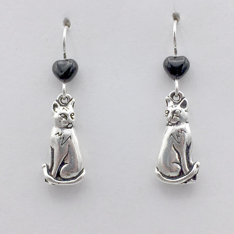 Pewter & Sterling Silver sitting Cat dangle Earrings-cats,feline,heart, kitty