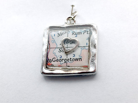 Pewter w/ Sterling Silver Map of Grand Cayman with heart pendant, Rum Point, Georgetown, Island, Islands