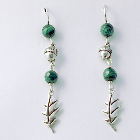 Sterling Silver acorn & oak leaf dangle earrings- tree, acorns,oaks, malachite