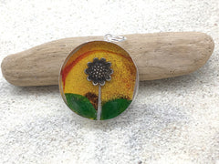 Sterling silver 25mm Round Pendant with Sterling Silver Sunflower, alcohol ink, sea glass, flowers, sun