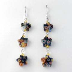 Sterling silver & Surgical Steel millefiori star black, orange,multi glass beads dangle earrings