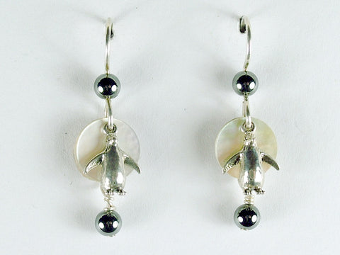 Sterling silver penguin dangle earrings-bird-hematite,shell-penguins, aquatic