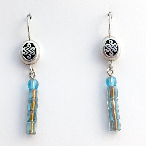 Pewter & Sterling Silver oval Celtic  knot dangle Earrings-blue & brown , knots
