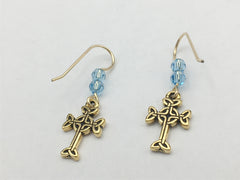 Gold tone Pewter & 14k gf Celtic knot Cross  dangle earrings- aqua blue crystal