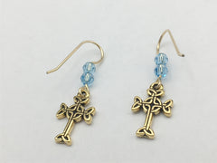 Gold tone Pewter & 14k gf Celtic knot Cross  dangle earrings- aqua blue crystal