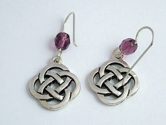 Pewter & Sterling Silver large Round Celtic Knot dangle Earrings- purple glass
