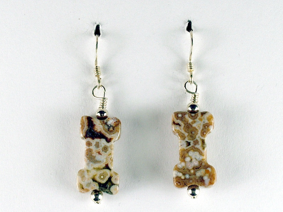 Sterling silver Ocean Jasper dog bone shape dangle earrings- 1 5/8 inches long