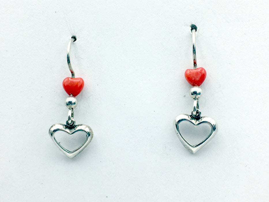 Sterling Silver small open Heart dangle Earrings - coral hearts, Love, Valentine