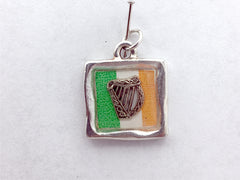 Pewter pendant with print of Irish Flag and sterling silver Celtic harp -resin, Ireland