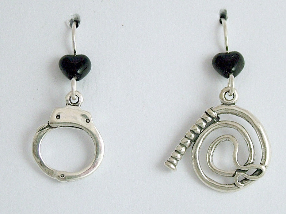 Sterling silver Whip and Handcuff dangle earrings- naughty- Hand cuff,dominatrix