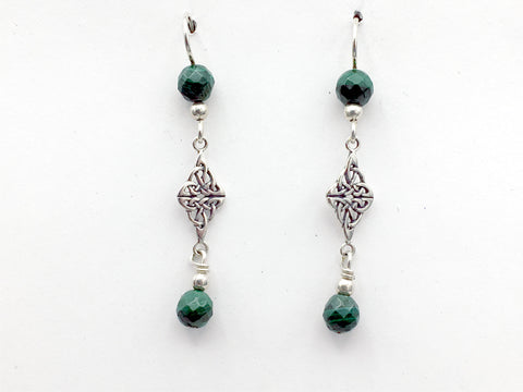 Sterling Silver Double Celtic Knot Dangle Earrings- faceted Malachite, gorgeous