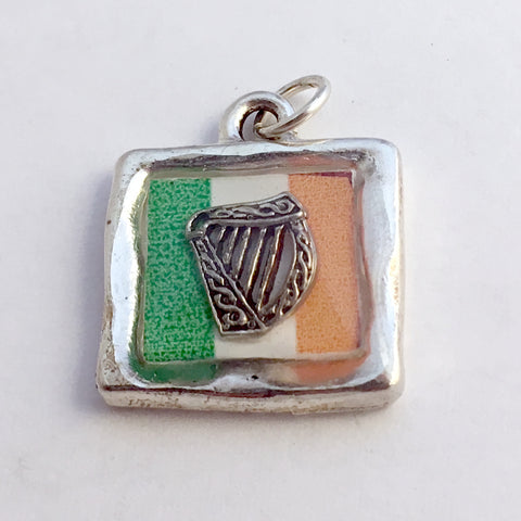 Pewter pendant with print of Irish Flag and sterling silver Celtic harp -resin, Ireland