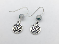 Pewter & Sterling Silver medium Round Celtic Knot dangle Earrings- Moss Agate