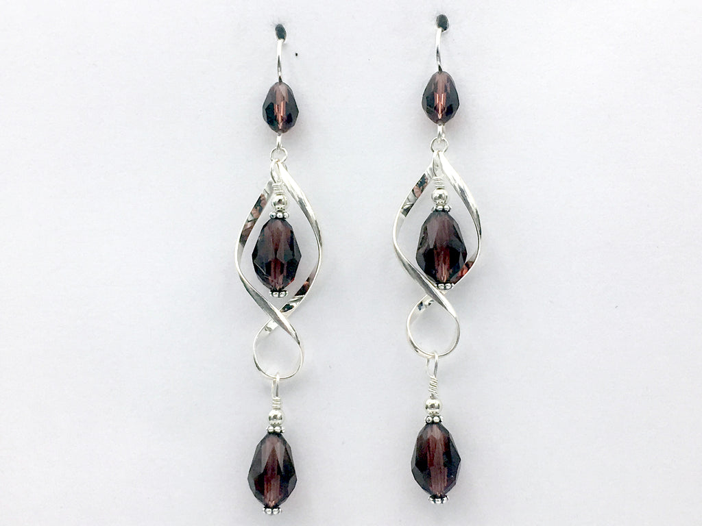 Sterling Silver long open twist drop Earrings- Celtic Knot, Purple crystal