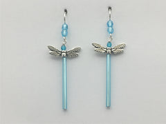 Pewter and Sterling silver dragonfly dangle earrings-aqua glass -dragonflies-