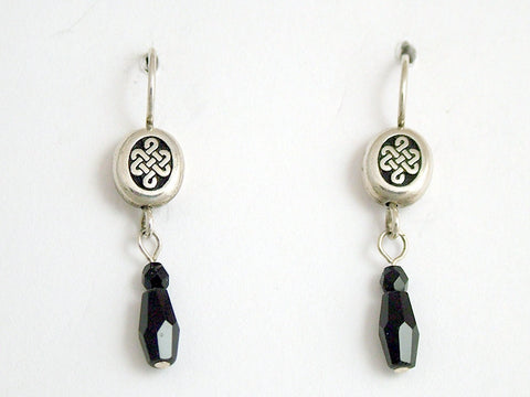 Pewter & Sterling Silver oval Celtic  knot dangle Earrings-black crystal, knots