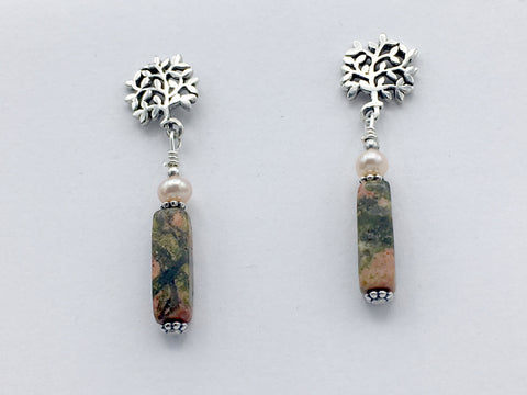 Sterling Silver floral leaf bush stud w/unakite and freshwater pearl dangle Earrings-garden, gardener