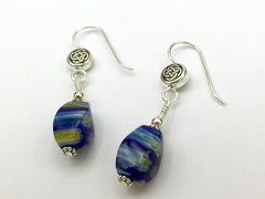 Pewter & Sterling Silver Celtic Round knot dangle earrings- blue & yellow millefiori glass