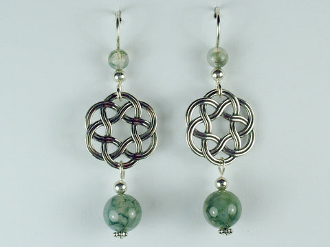 Sterling Silver Large Round Celtic Knot dangle earrings- Moss Agate, elegant