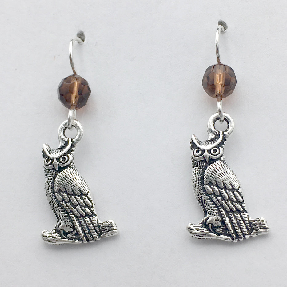 Pewter Sterling silver owl dangle earrings-owls, bird of prey