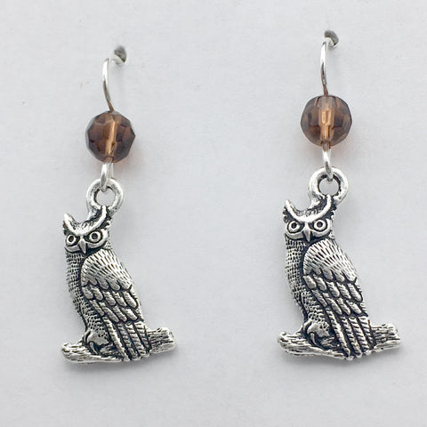 Pewter & Sterling silver owl dangle earrings-owls, bird of prey
