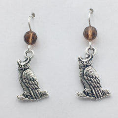 Pewter & Sterling silver owl dangle earrings-owls, bird of prey