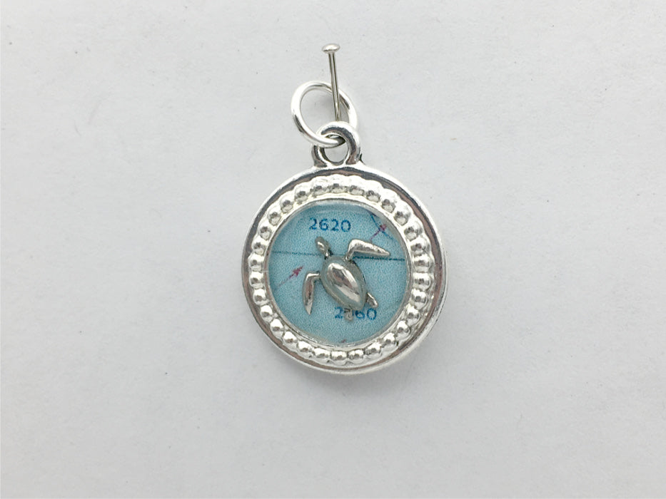 Pewter frame, sterling silver tiny turtle with ocean map photo pendant-resin, turtles, sea