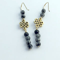 Goldtone Pewter & 14k gf  Endless Celtic Knot Earrings-snowflake obsidian,Tibetan