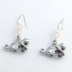 Pewter and sterling silver Cat with yarn dangle Earrings- cats-kitten-pink-pussy