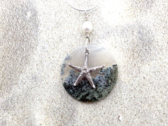 20 inch Sterling Silver snake chain with Moss Agate, Freshwater Pearl, and Sterling Silver Starfish pendant , beach comber