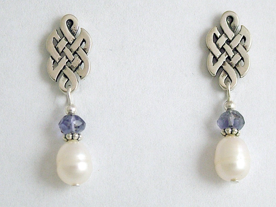 Sterling Silver & surgical steel Celtic knot stud Earrings-Iolite, fw pearls